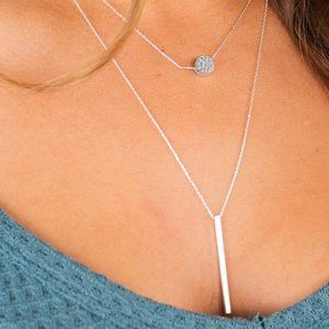 Silvery Drop Bar Round Pendant Layered Necklace